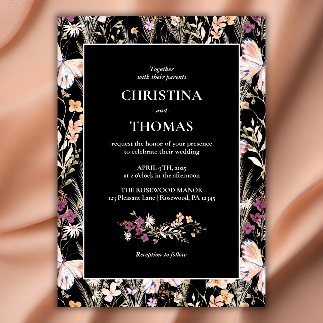 Convite Casamento de Flores Selvagens do Elegante Black Bo (Criador carregado)