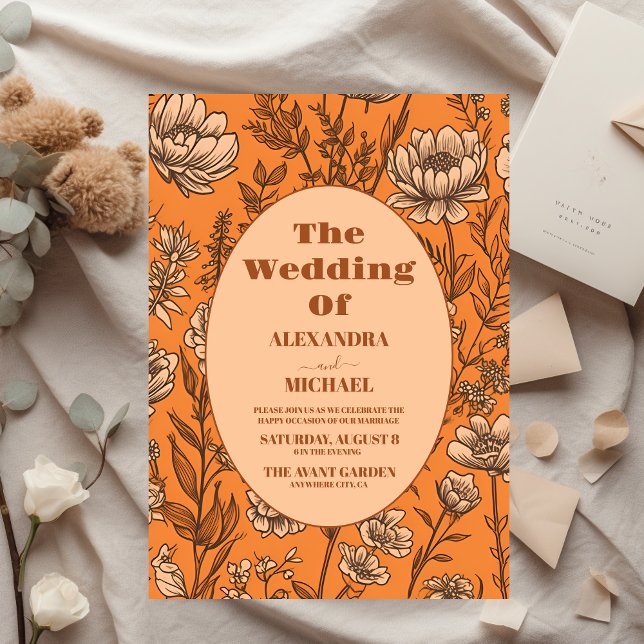 Convite Casamento de Flores Selvagens Laranja Queimadas (Criador carregado)