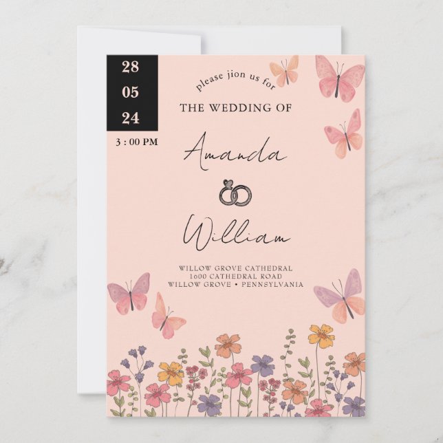 Convite Casamento de Flores Selvagens Modernas Elegantes B (Frente)