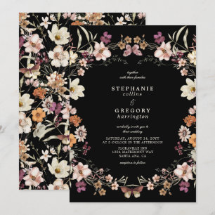 Convite Casamento de Flores Selvagens Negras Elegantes