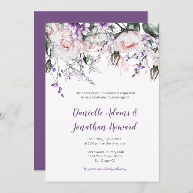 Convite Casamento de Flores Selvagens Púrpuras Roxas (Frente/Verso)