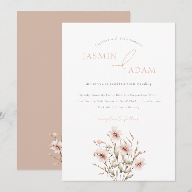 Convite Casamento de Flores Selvagens Rosa Elegante (Frente/Verso)