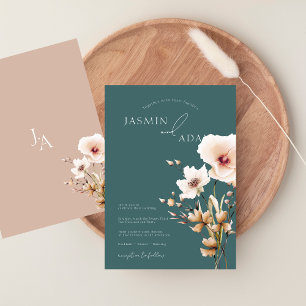 Convite Casamento de Flores Selvagens Rosa Verde Simples