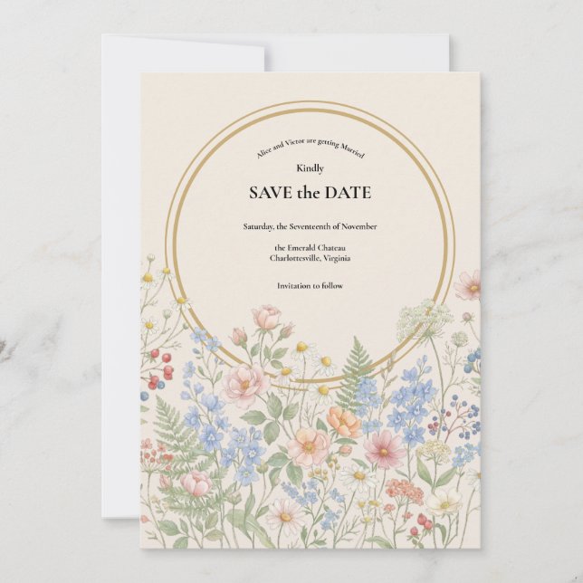 Convite Casamento de Flores Selvagens Salve a Data (Frente)