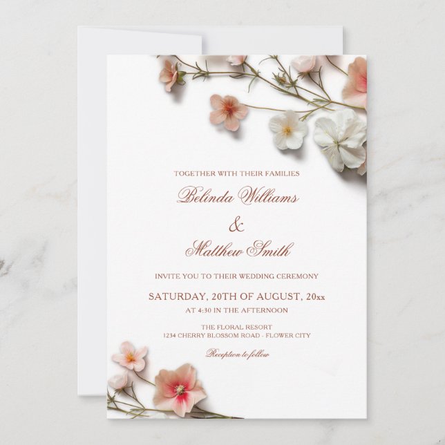 Convite Casamento de Flores Silvestres 3D Rosa Branco (Frente)