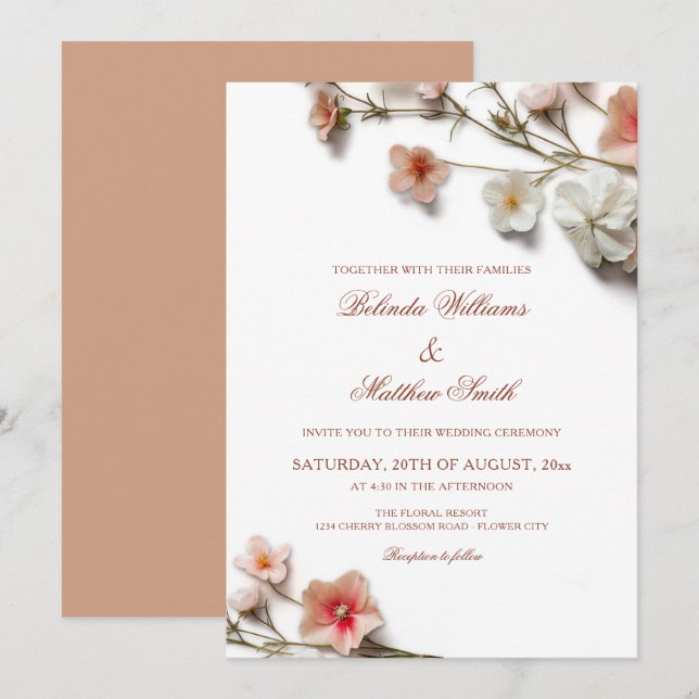 Convite Casamento de Flores Silvestres 3D Rosa Branco (Frente/Verso)