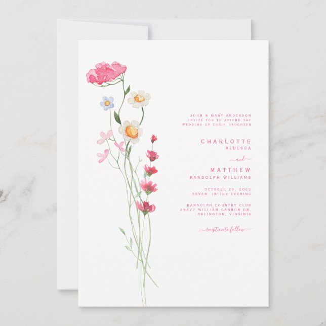 Convite Casamento de Flores Silvestres Aguarela Rosa Quent (Frente)