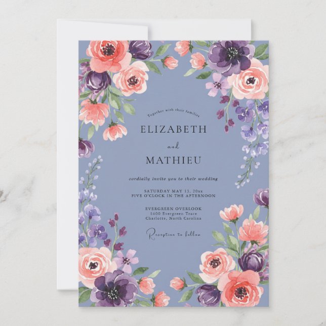 Convite Casamento de Flores Silvestres Alperce Azul-Pervin (Frente)