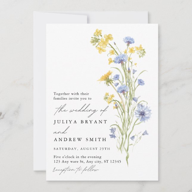 Convite Casamento de flores silvestres amarelas e azuis  (Frente)