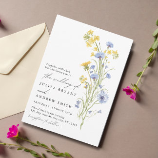 Convite Casamento de flores silvestres amarelas e azuis 
