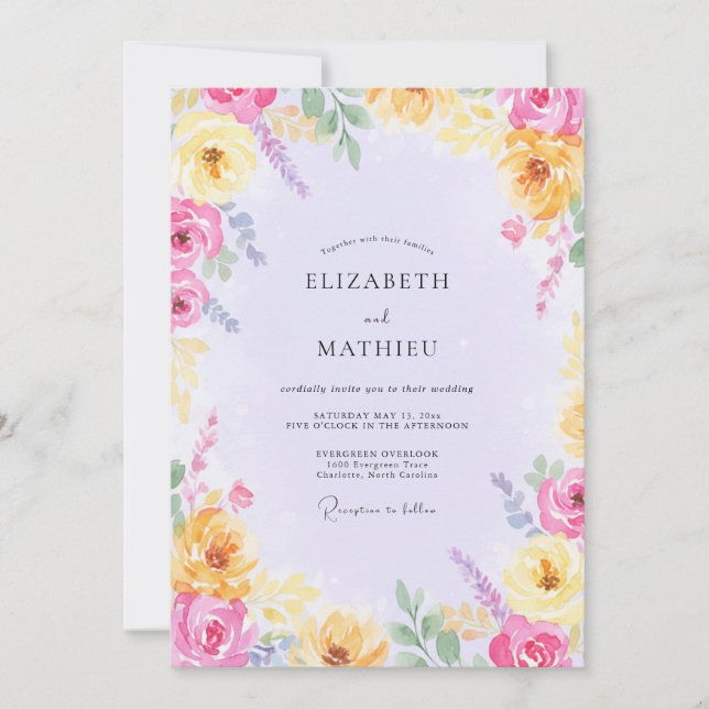 Convite Casamento de Flores Silvestres Amarelas e Fuchsias (Frente)