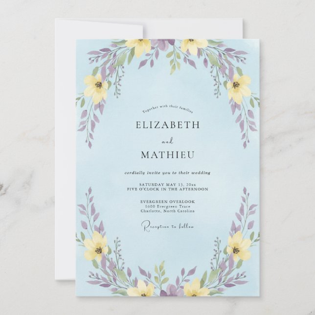 Convite Casamento de Flores Silvestres Amarelas Elegantes  (Frente)