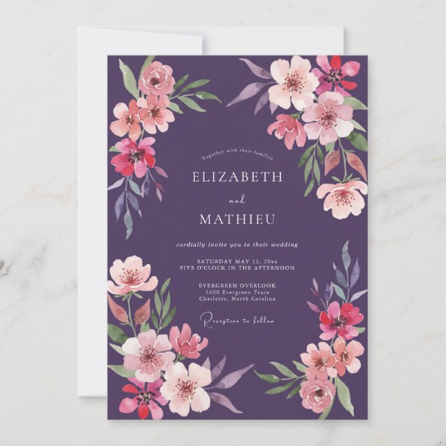 Convite Casamento de Flores Silvestres Ameixa e Pêssego (Frente)
