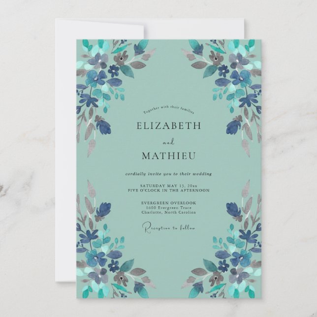Convite Casamento de Flores Silvestres Aqua (Frente)
