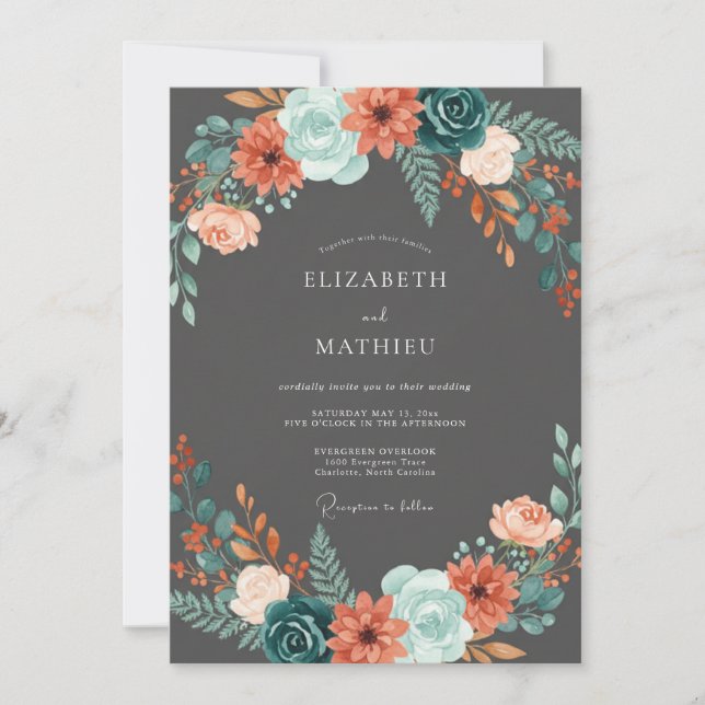 Convite Casamento de Flores Silvestres Aqua Carvão (Frente)