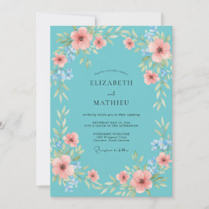Convite Casamento de Flores Silvestres Aqua Coral