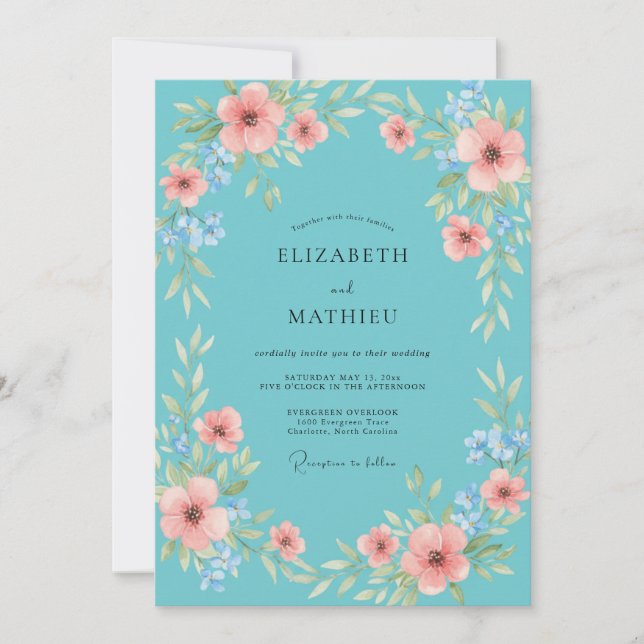Convite Casamento de Flores Silvestres Aqua Coral (Frente)