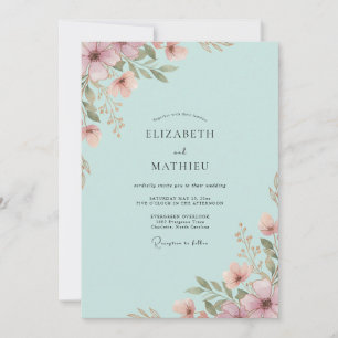 Convite Casamento de Flores Silvestres Aqua Rosa Malva