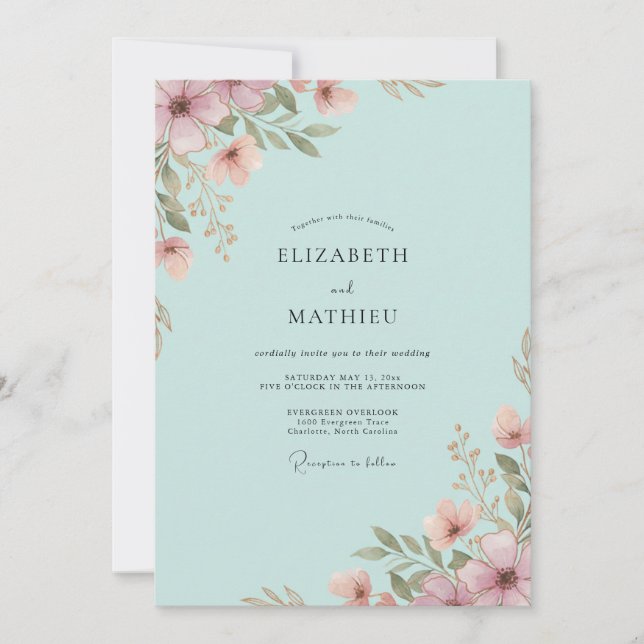 Convite Casamento de Flores Silvestres Aqua Rosa Malva (Frente)