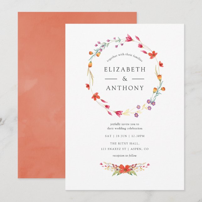 Convite Casamento de Flores Silvestres Aquarela (Frente/Verso)