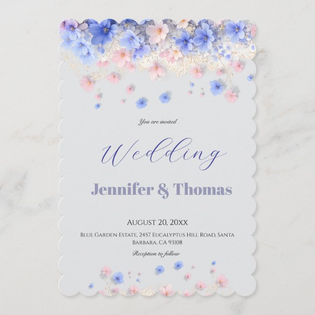 Convite Casamento de Flores Silvestres Azuis Suaves Modern (Frente)
