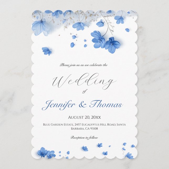 Convite Casamento de Flores Silvestres Azuis Suaves Modern (Frente)