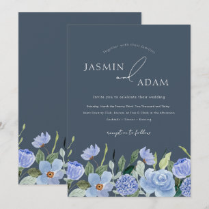 Convite Casamento de Flores Silvestres Azul Ardósia Elegan