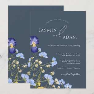 Convite Casamento de Flores Silvestres Azul Ardósia Elegan