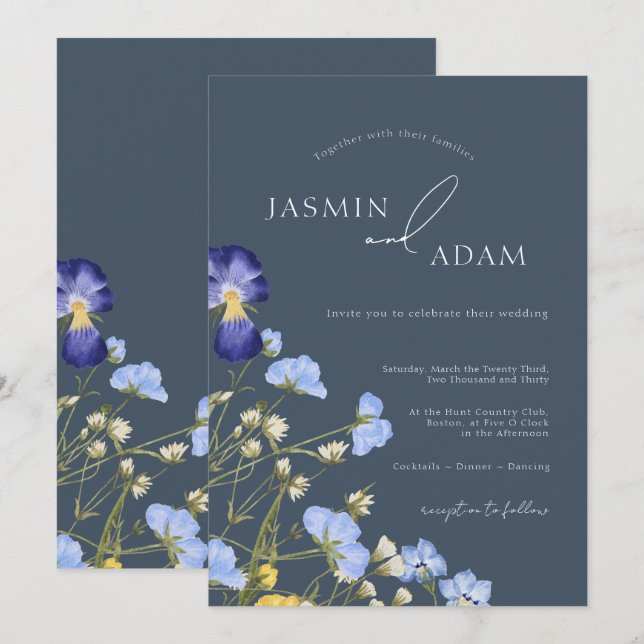 Convite Casamento de Flores Silvestres Azul Ardósia Elegan (Frente/Verso)