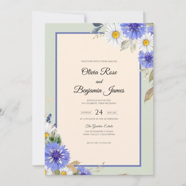 Convite Casamento de Flores Silvestres Azul-Violeta Rústic (Frente)