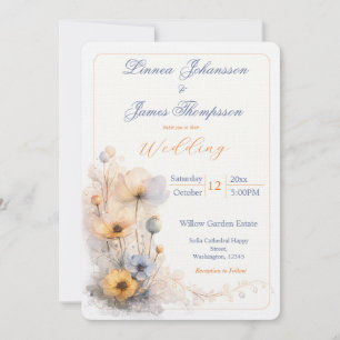 Convite Casamento de Flores Silvestres Bege Suave Pérolas