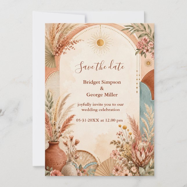 Convite Casamento de flores silvestres Boho Rústico Pampas (Frente)