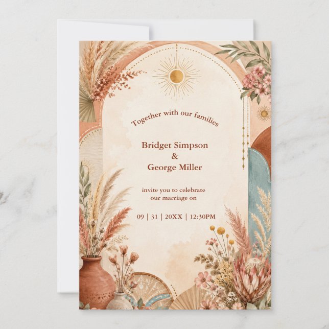 Convite Casamento de flores silvestres Boho Rústico Pampas (Frente)