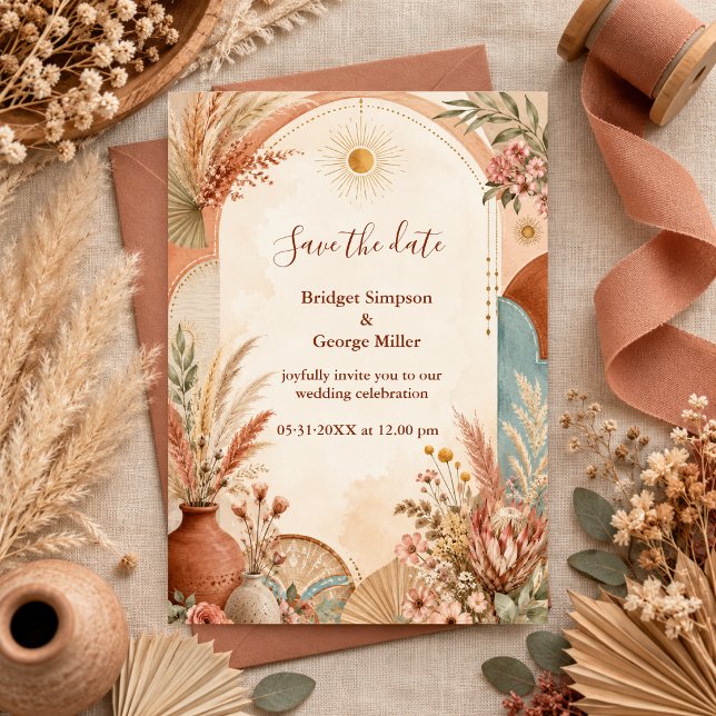 Convite Casamento de flores silvestres Boho Rústico Pampas (Criador carregado)