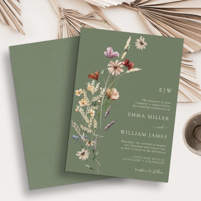 Convite Casamento de Flores Silvestres Boho Verdes (Green Boho Wildflowers Wedding Invitation
)