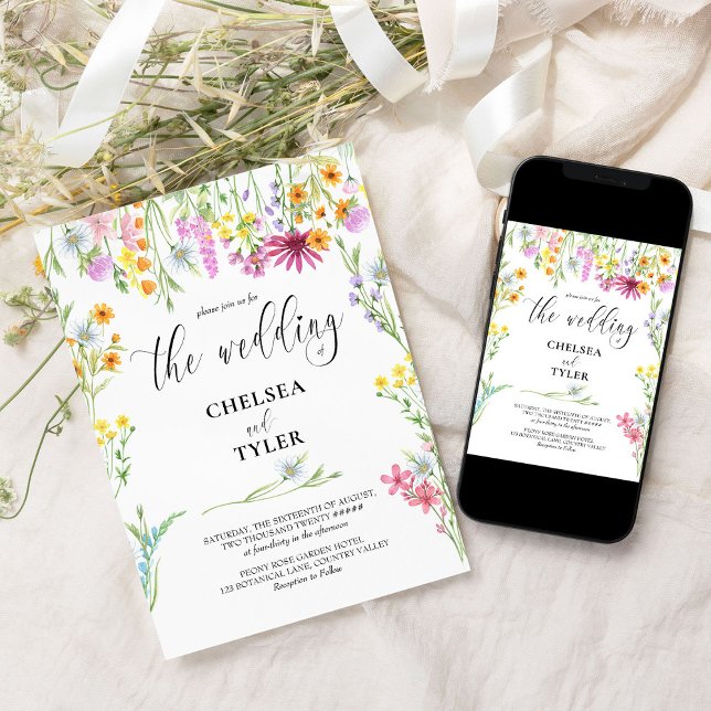 Convite Casamento de Flores Silvestres Bonitas Flores Silv (Floral wedding invitations with pretty wild flower design and elegant calligraphy)