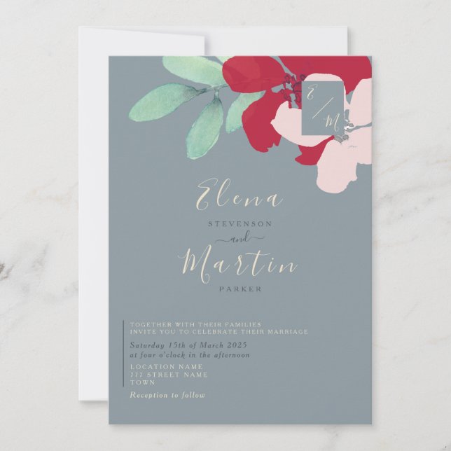 Convite Casamento de Flores Silvestres Burgundy & Azul Poe (Frente)