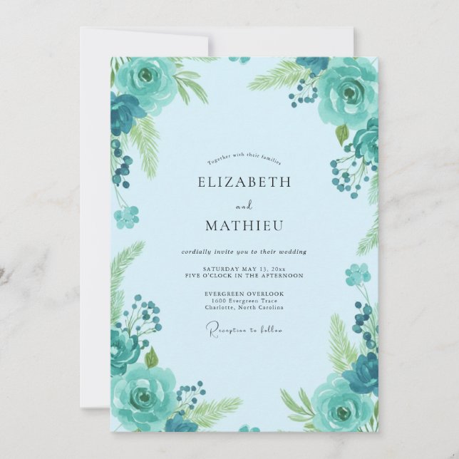 Convite Casamento de Flores Silvestres Céu Turquesa (Frente)
