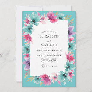 Convite Casamento de Flores Silvestres Ciano Magenta