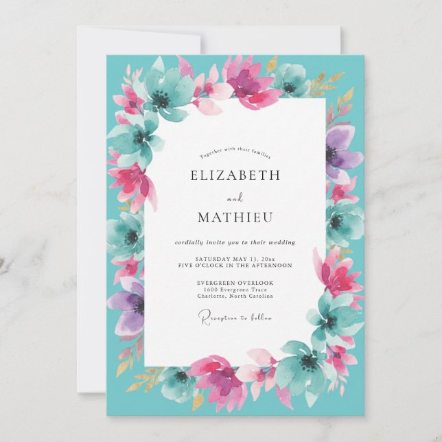 Convite Casamento de Flores Silvestres Ciano Magenta (Frente)