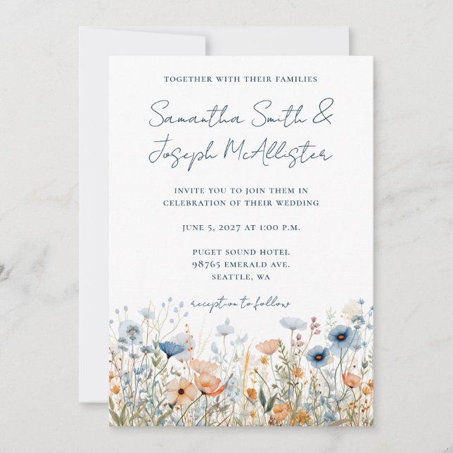 Convite Casamento de Flores Silvestres com Aquarela Azul E (Frente)