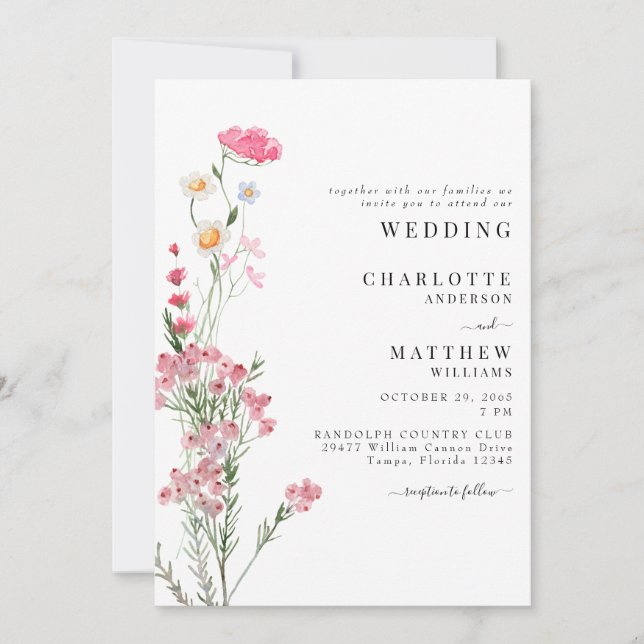 Convite Casamento de Flores Silvestres com Aquarela Rosa  (Frente)
