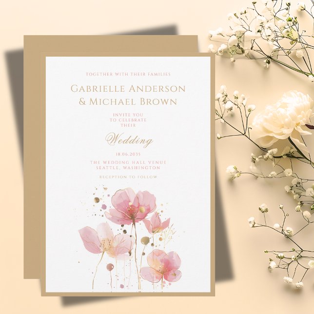 Convite Casamento de Flores Silvestres com Aquarela Rosa D (Criador carregado)