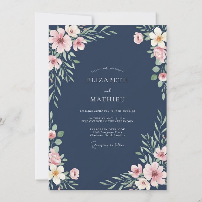 Convite Casamento de Flores Silvestres com Bege e Azul Aço (Frente)