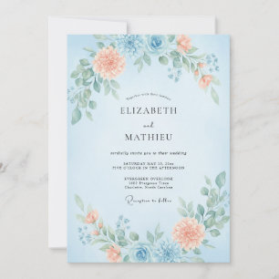 Convite Casamento de Flores Silvestres Coral Azure