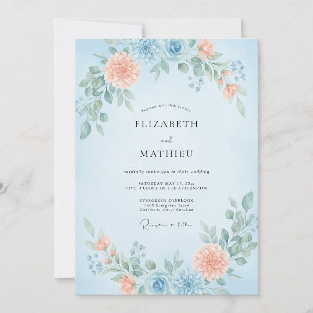 Convite Casamento de Flores Silvestres Coral Azure (Frente)