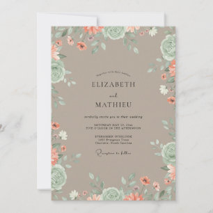 Convite Casamento de Flores Silvestres Coral Bege