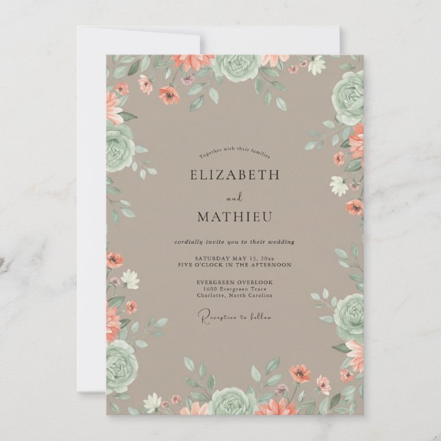 Convite Casamento de Flores Silvestres Coral Bege (Frente)