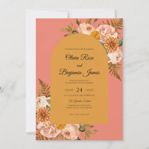 Convite Casamento de Flores Silvestres Coral Ocra
