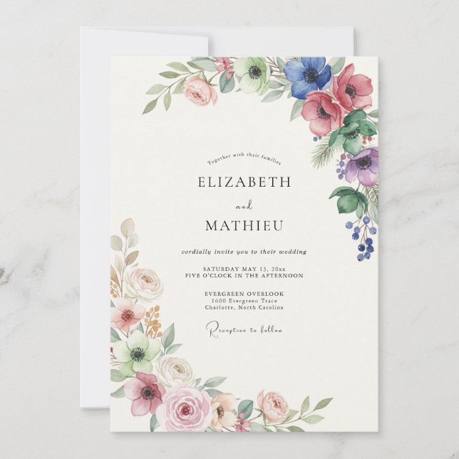 Convite Casamento de Flores Silvestres Coral Roxo (Frente)